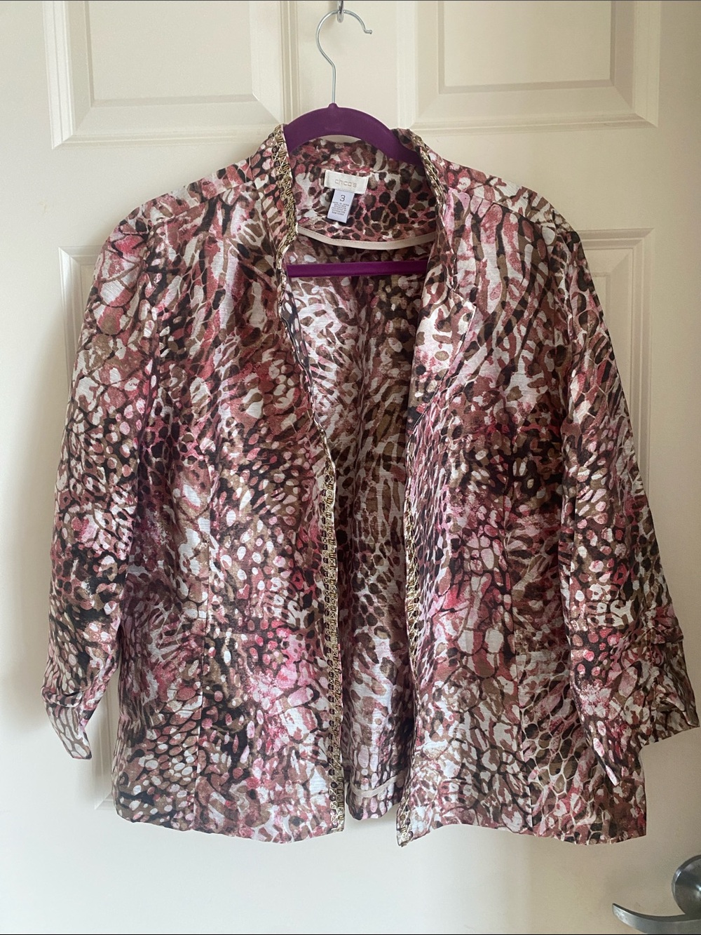 Chico’s Animal Print Linen Blend Open Jacket Large